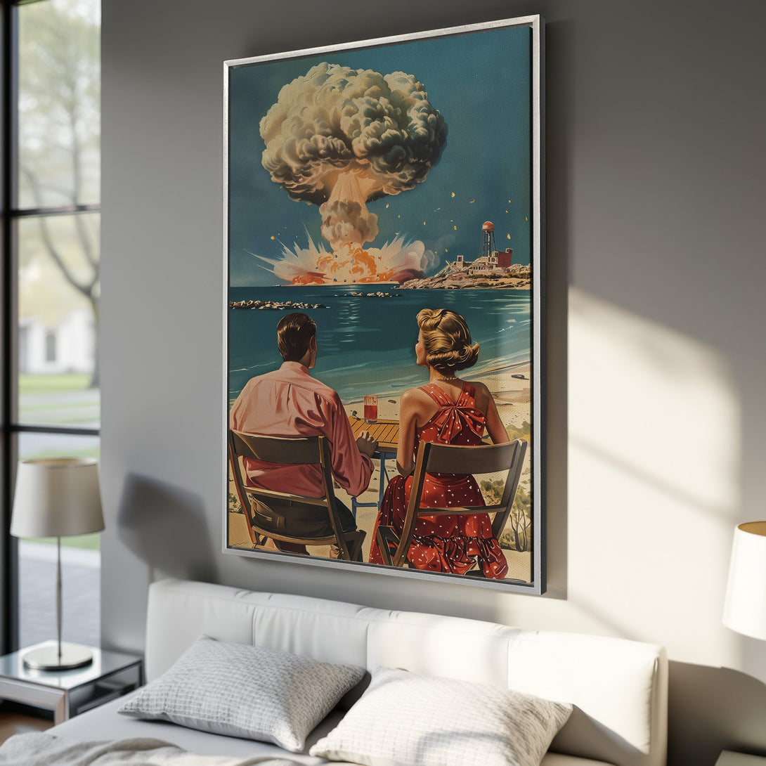Framed Wall Art: Retro couple watches atomic blast. Vintage style, blue, red, and beige color palette. Perfect for adding a unique touch to your home decor.