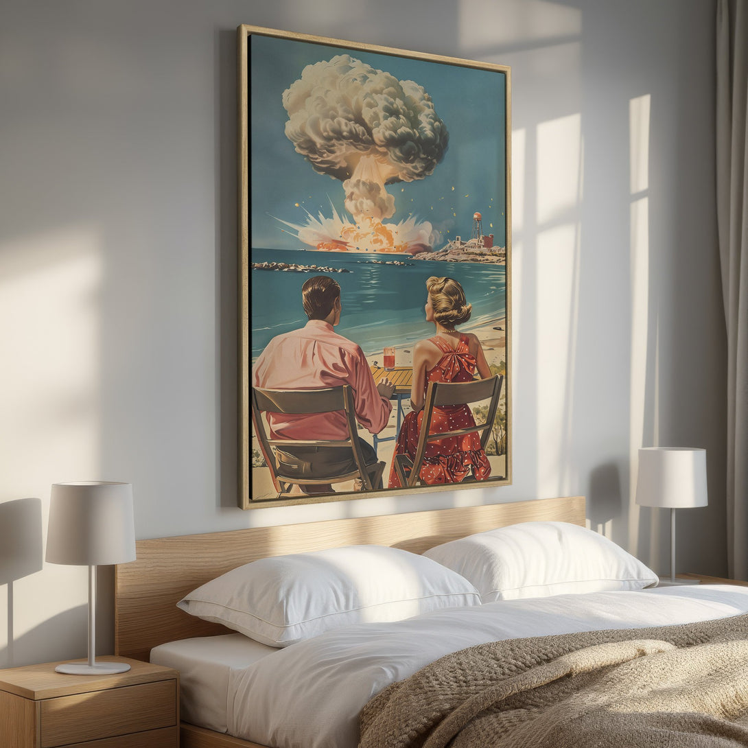 Framed Wall Art: Retro couple watches a nuclear explosion. Vintage style Canvas Print with a blue, pink, and beige color palette. Perfect for a unique bedroom decor.