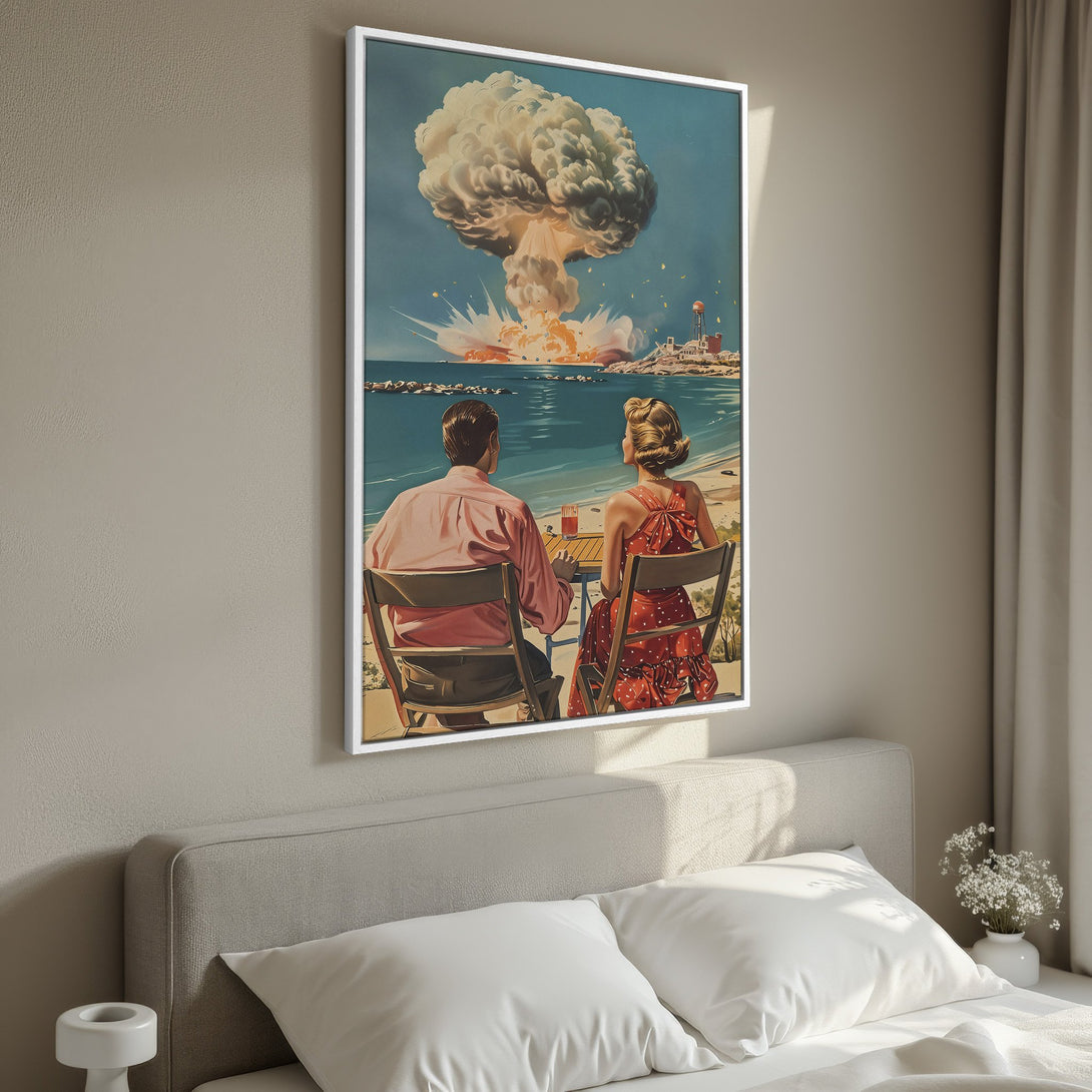 Framed Wall Art: Retro couple watching a nuclear explosion. Vintage style, vibrant blues, reds, and yellows. Add a unique touch to your home decor.