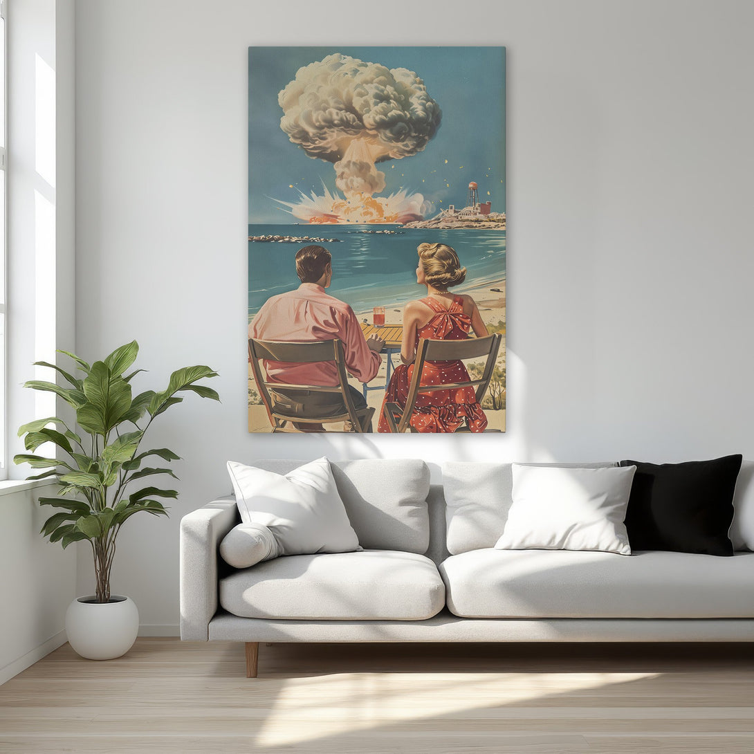 Framed Wall Art: Retro couple watches a nuclear explosion. Vintage style Canvas Print with a blue, red, and beige color palette. Perfect for adding a unique touch!