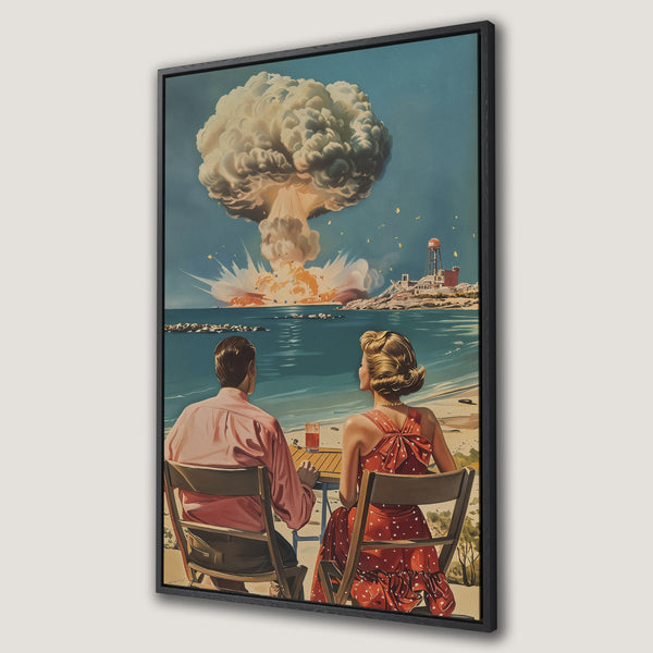 Framed Wall Art: Retro couple watches atomic blast. Vintage style canvas print with teal, beige, and red tones. Perfect for adding a unique touch to your home decor.