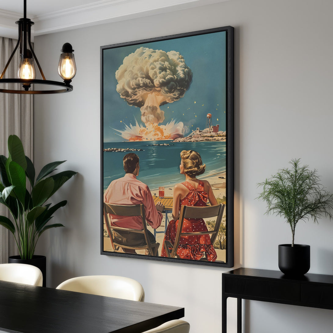 Framed Wall Art: Retro couple watches explosion on canvas print. Vintage style, blue and red color palette. Perfect for adding a unique touch to your home!