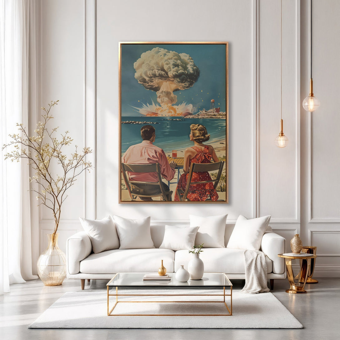 Framed Wall Art: Retro couple on beach watching a nuclear explosion. Vintage style Canvas Print with blue, red, and gold color palette. Perfect for home decor!