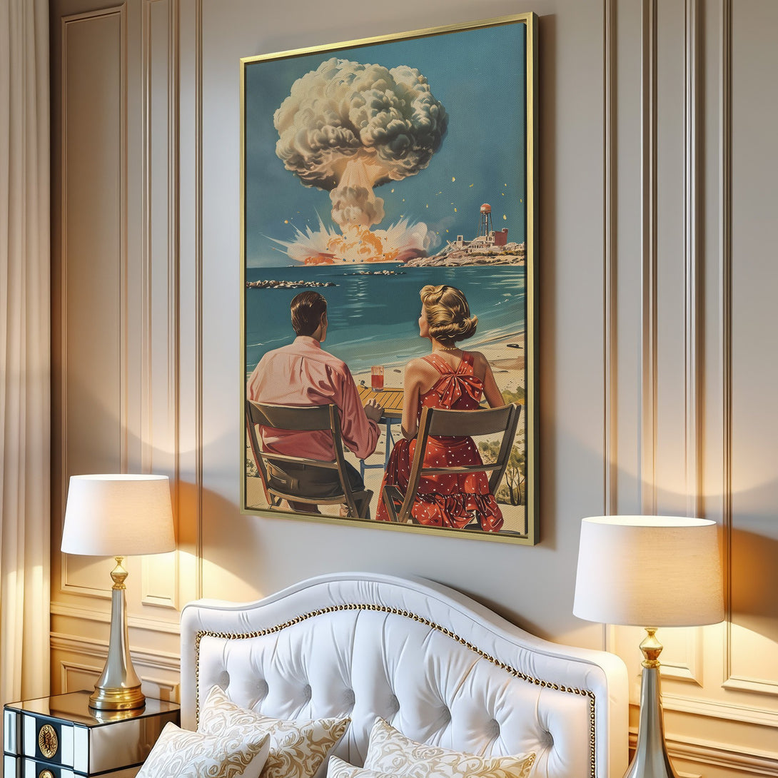 Retro Canvas Print of couple watching a mushroom cloud explosion. Features a vintage style with a teal, beige, and pink color palette. Perfect wall art!