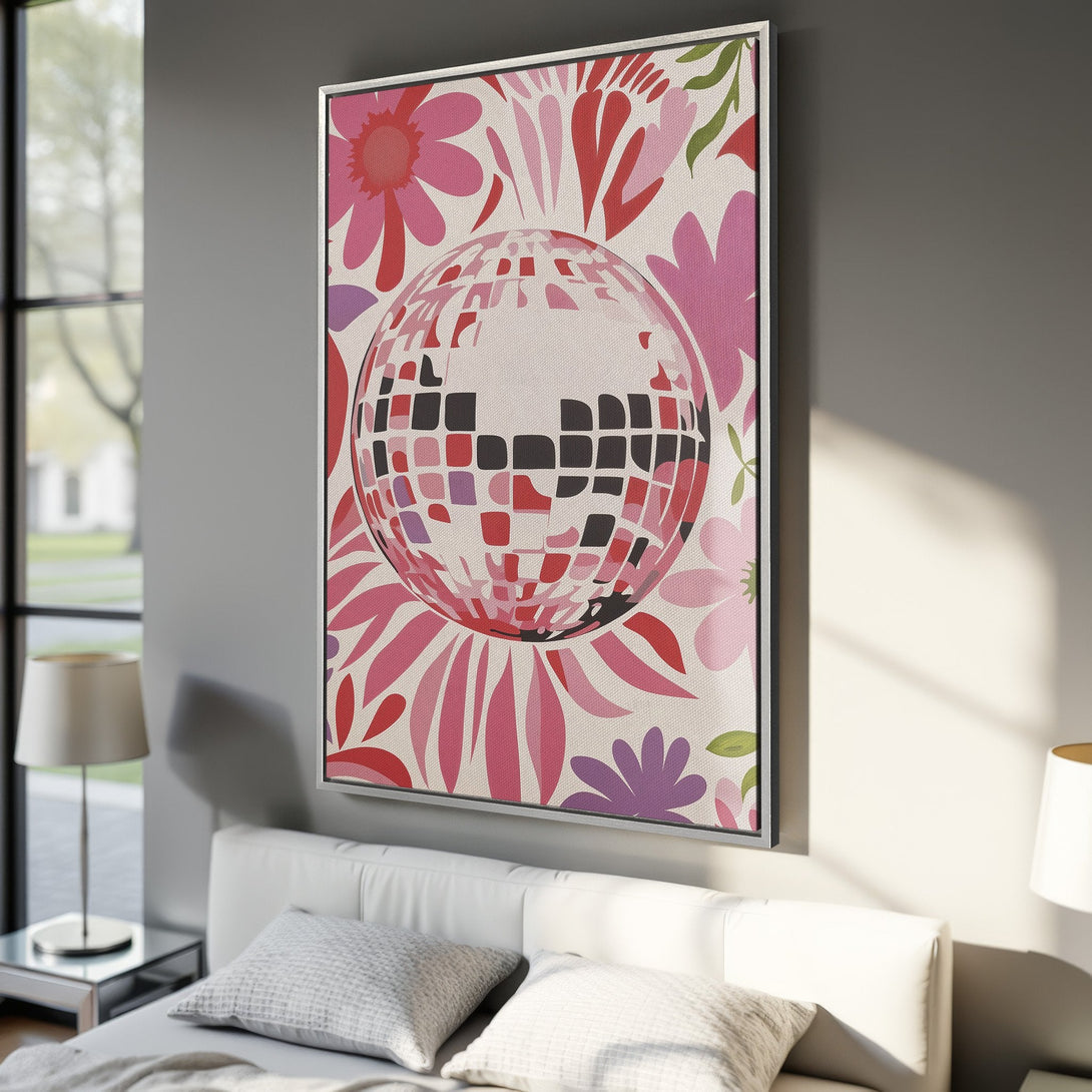 Framed Wall Art with a retro floral design and disco ball in pink and red hues, perfect for adding a pop of color to any room.