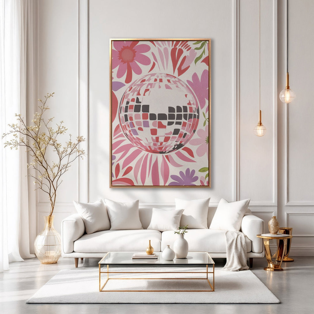 Framed Wall Art: Disco ball design with pink floral background. Modern art print with a gold frame, perfect for adding a pop of color to your home decor.