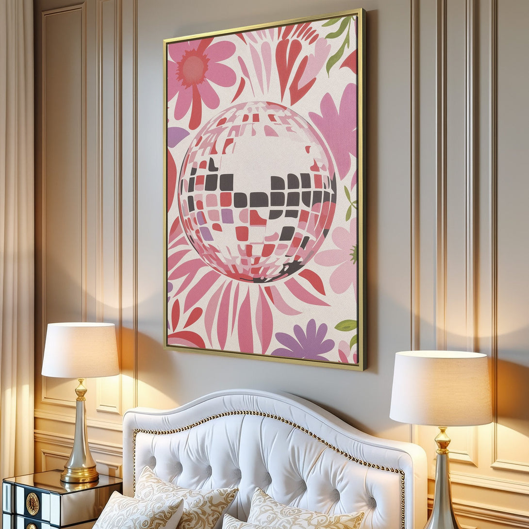 Canvas Print featuring a disco ball and floral design, perfect for adding a pop of color to your space. Pink and purple palette.