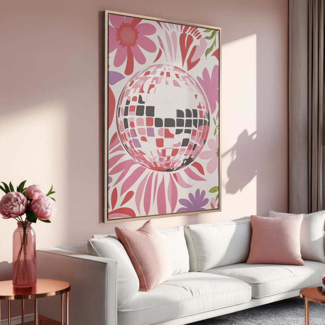 Framed Wall Art featuring a disco ball design in a retro floral style. Pink and red color palette adds a touch of fun and personality to any space.