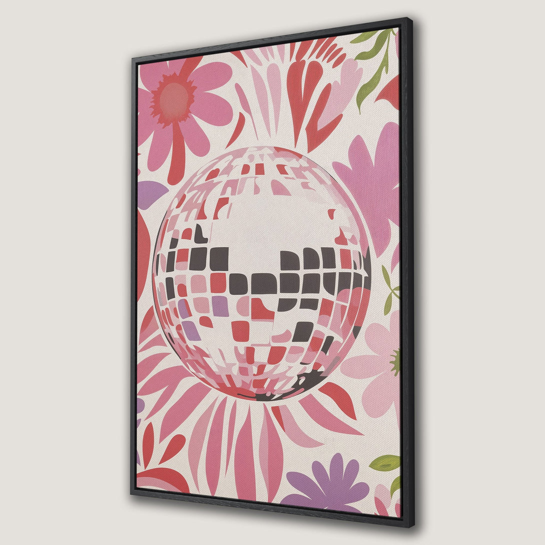 Framed Wall Art featuring a disco ball and floral pattern in a retro style. Pink, red, and purple color palette. Perfect for adding a pop of color!