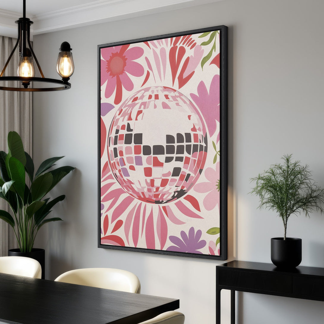 Framed Wall Art featuring a disco ball design with floral accents in a retro style. Pink, red, and purple color palette. Perfect for adding a pop of color.