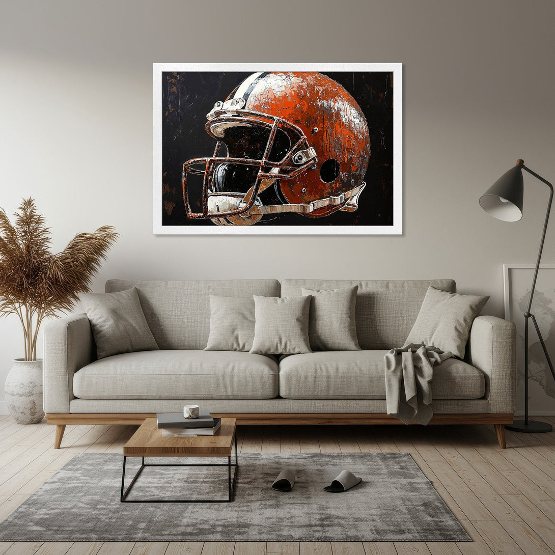 Framed Poster featuring a distressed football helmet on a black background. Rustic style, warm orange and black color palette. Perfect wall art!