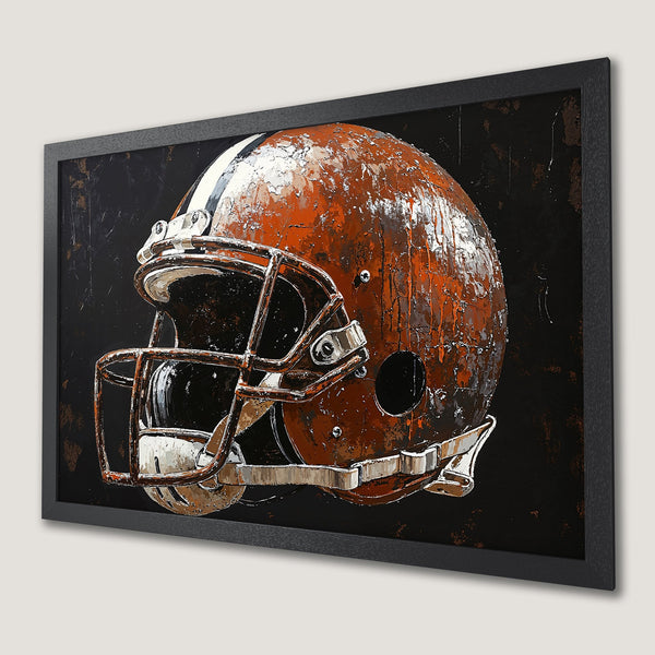 Framed Poster of a football helmet in an abstract style with a rustic orange and black color palette. Perfect for sports fans!