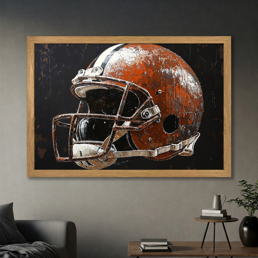 Framed Poster of a football helmet in a distressed style with a brown, black, and white color palette. Perfect wall art!