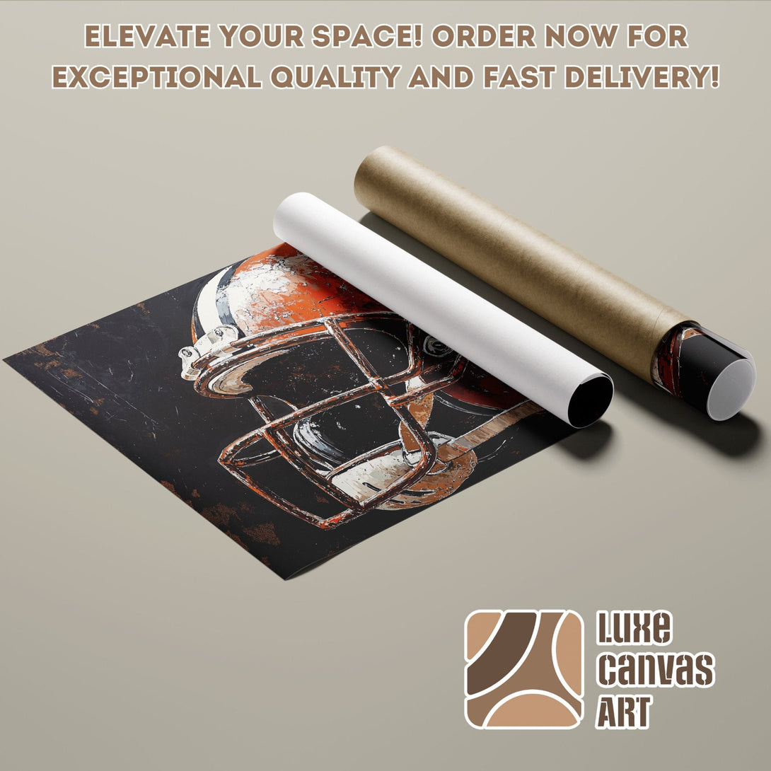 Football helmet poster roll, grunge style, orange, black, and brown color palette. Elevate your space!