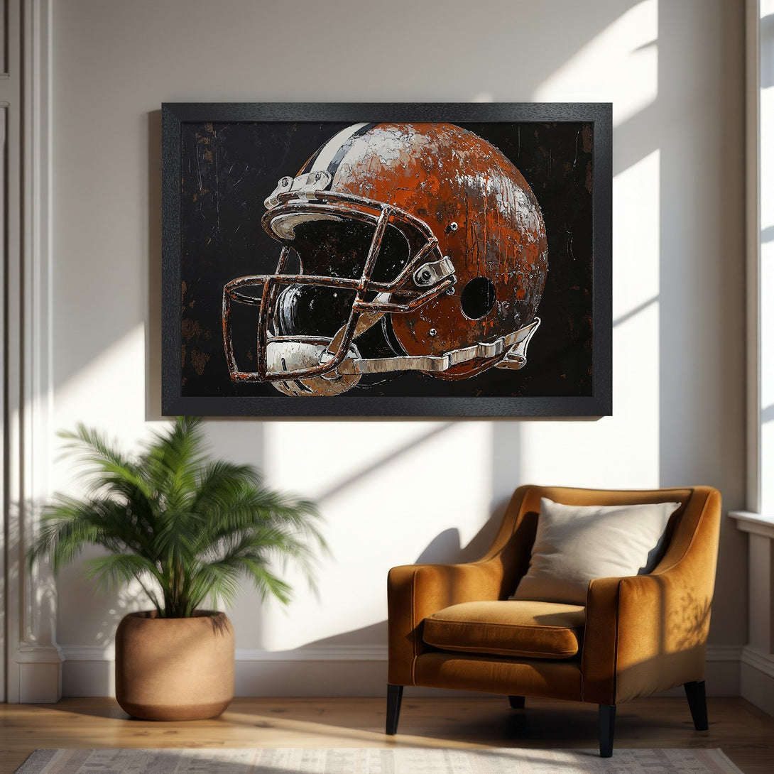 Framed Poster featuring a football helmet in a textured, abstract style with a warm, earthy palette of browns and blacks. Perfect wall art.