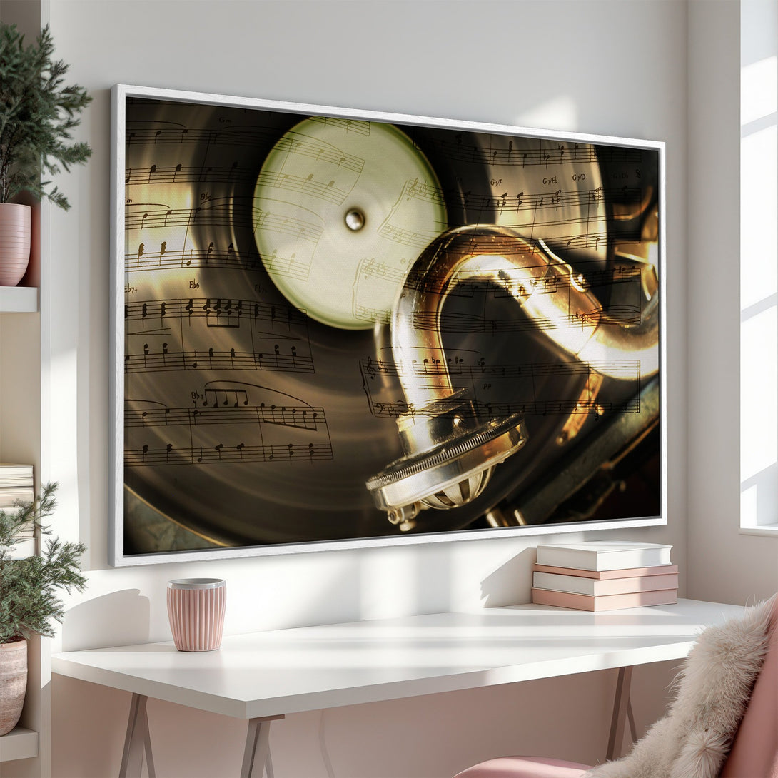 Framed Wall Art featuring a vintage gramophone and sheet music, warm neutral tones. Perfect musical decor for your home!