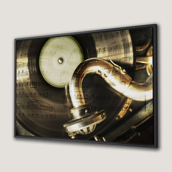Framed Wall Art featuring a vintage gramophone and sheet music. Warm, sepia tones create a classic, musical aesthetic. Perfect for music lovers!