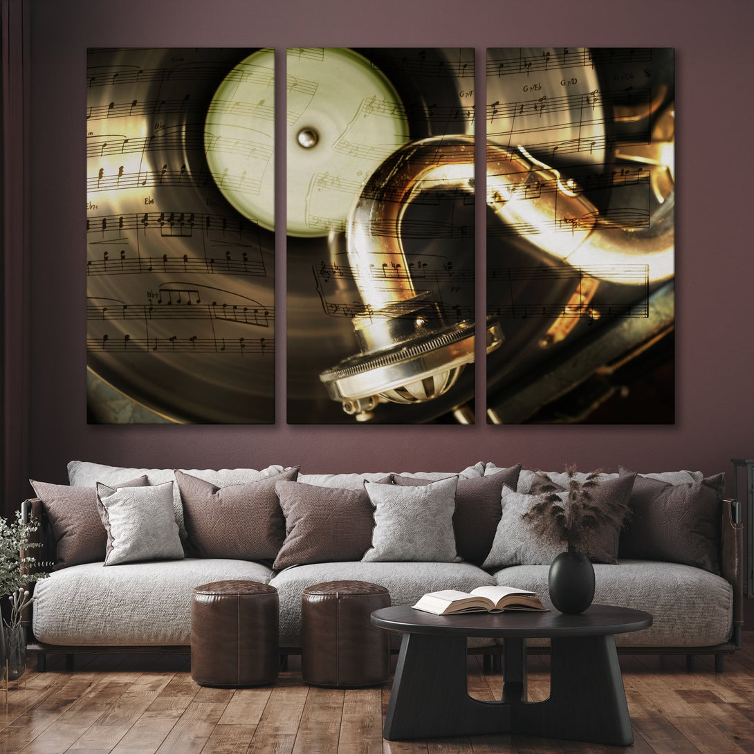 Canvas Print of a vintage gramophone with musical notes. Warm, sepia tones create a classic, elegant style. Perfect for music lovers!
