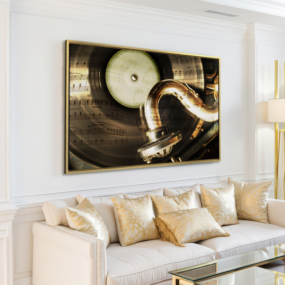 Canvas Print of a vintage gramophone with sheet music, warm neutral tones, perfect for adding a touch of musical elegance to your home decor.