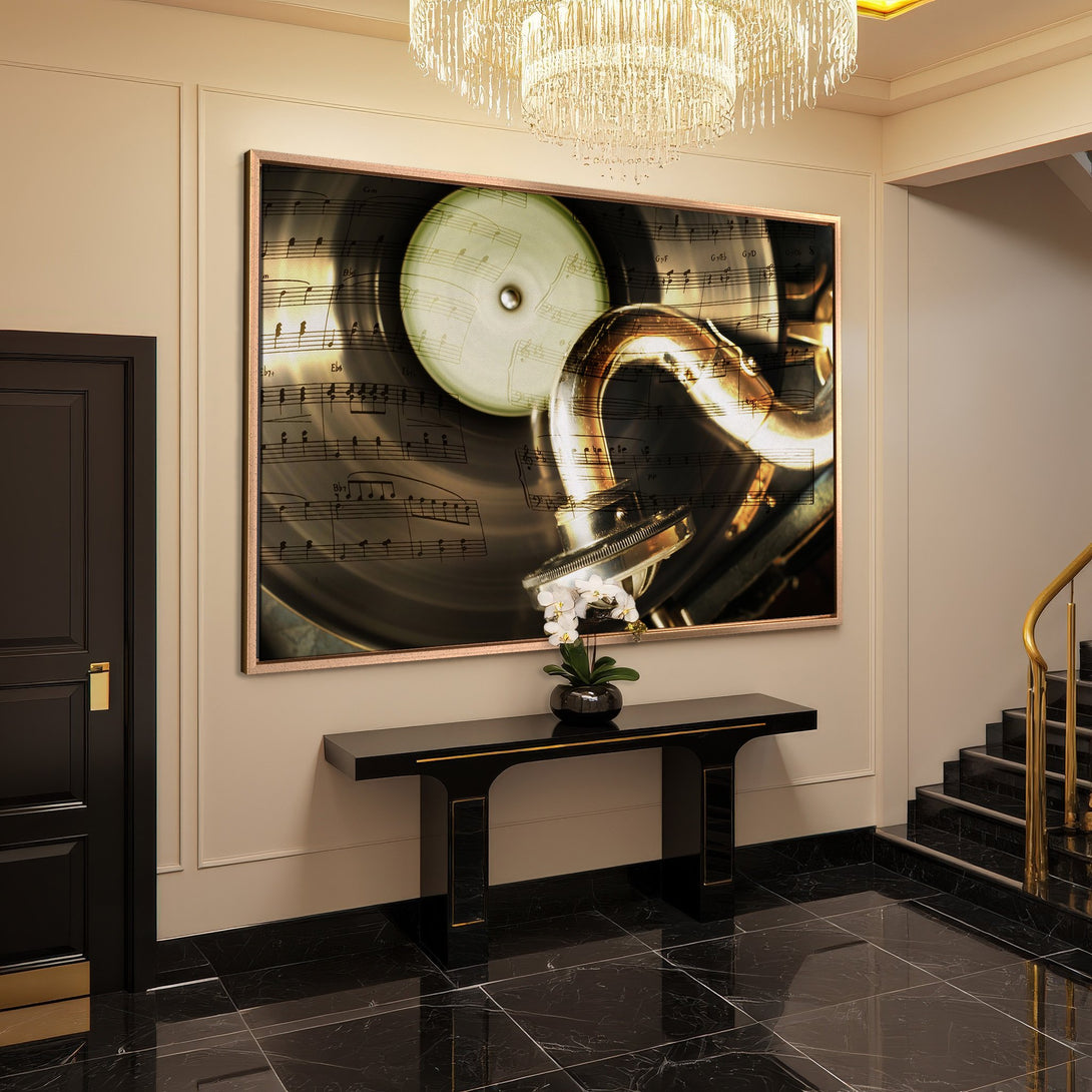 Framed Wall Art: Musical notes and brass instrument art print in a luxurious interior. Warm, neutral tones with gold accents. Elevate your space!
