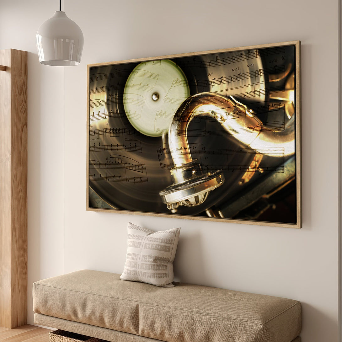 Framed Wall Art featuring a vintage gramophone with sheet music. Warm, sepia-toned Canvas Print adds a touch of nostalgia and musical charm to any space.