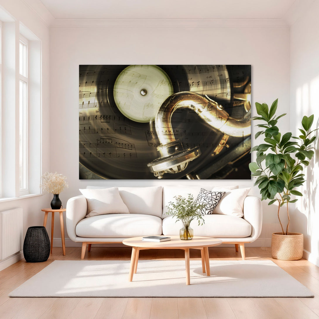 Framed Wall Art featuring a vintage record player. Elegant, golden tones on a canvas print, perfect for adding a touch of luxury to your home decor.