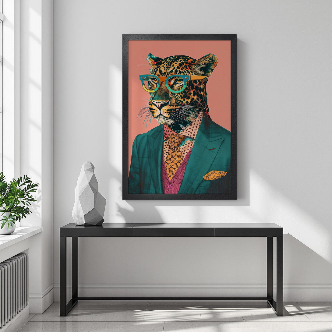 Framed Poster featuring a dapper leopard in a suit, vibrant colors, and a unique pop art style. Perfect wall art!