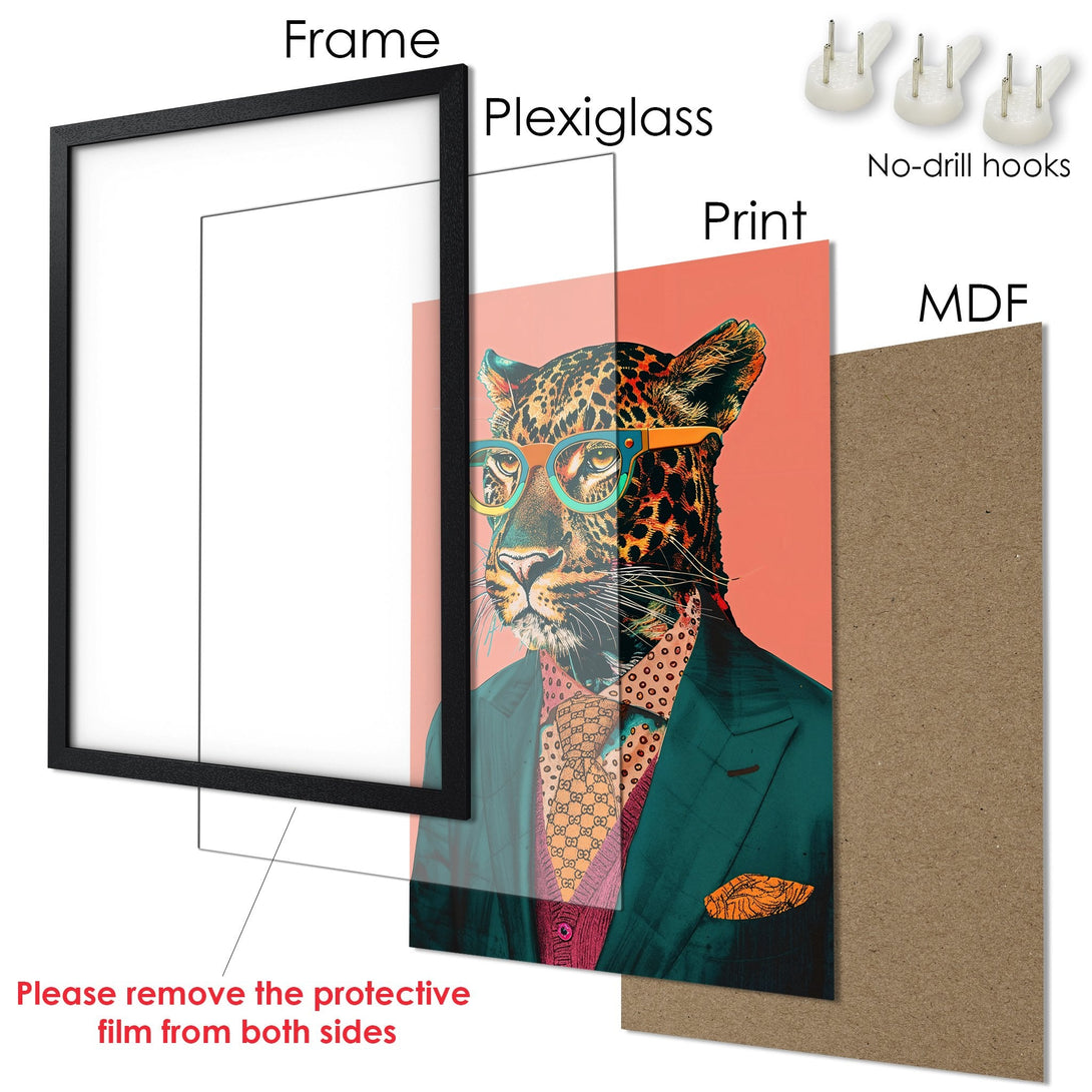 Framed Poster featuring a stylish leopard in a suit, vibrant colors, and modern art style. Perfect wall decor!