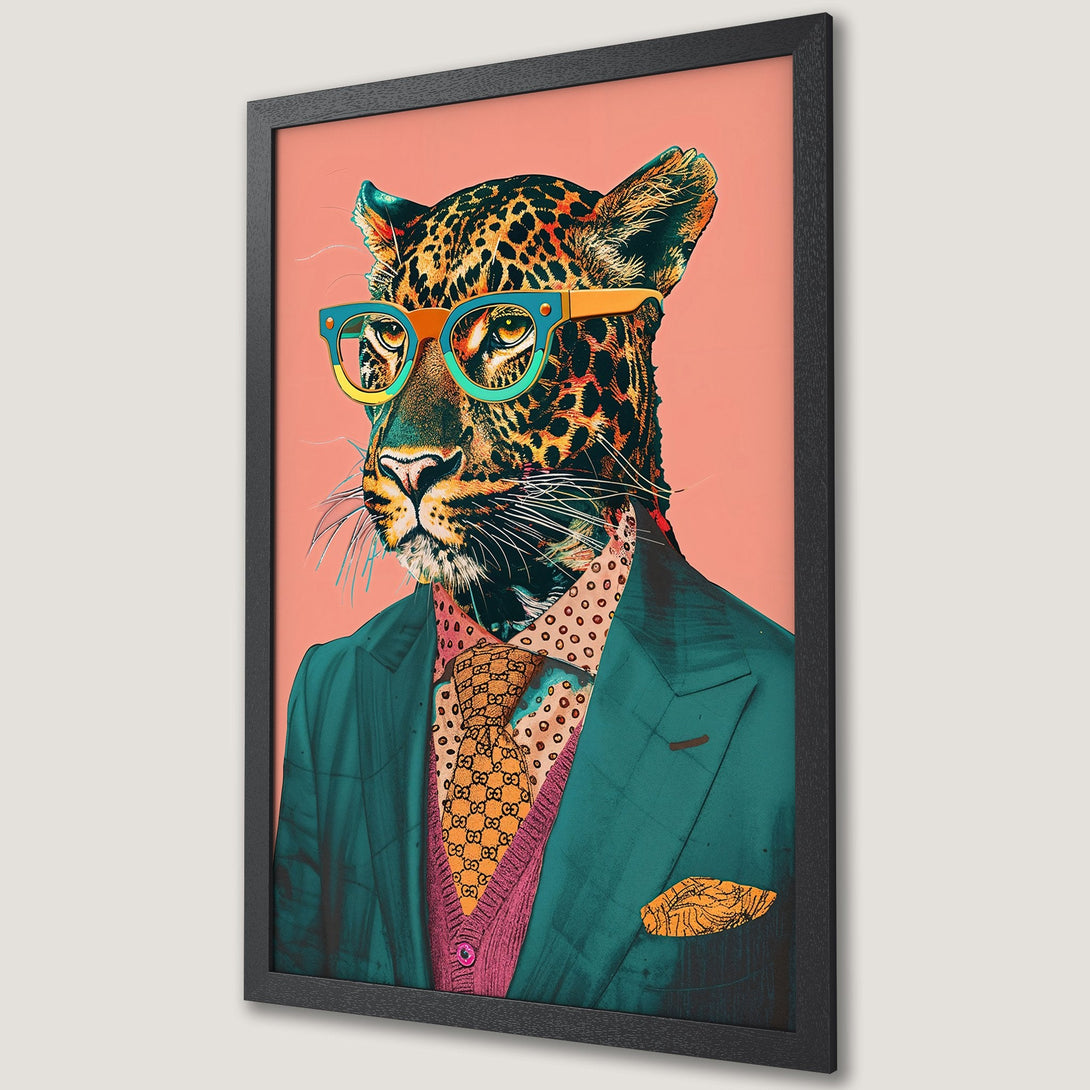 Framed Poster featuring a stylish leopard in a suit, vibrant pop art style, with teal, orange, and pink color palette.