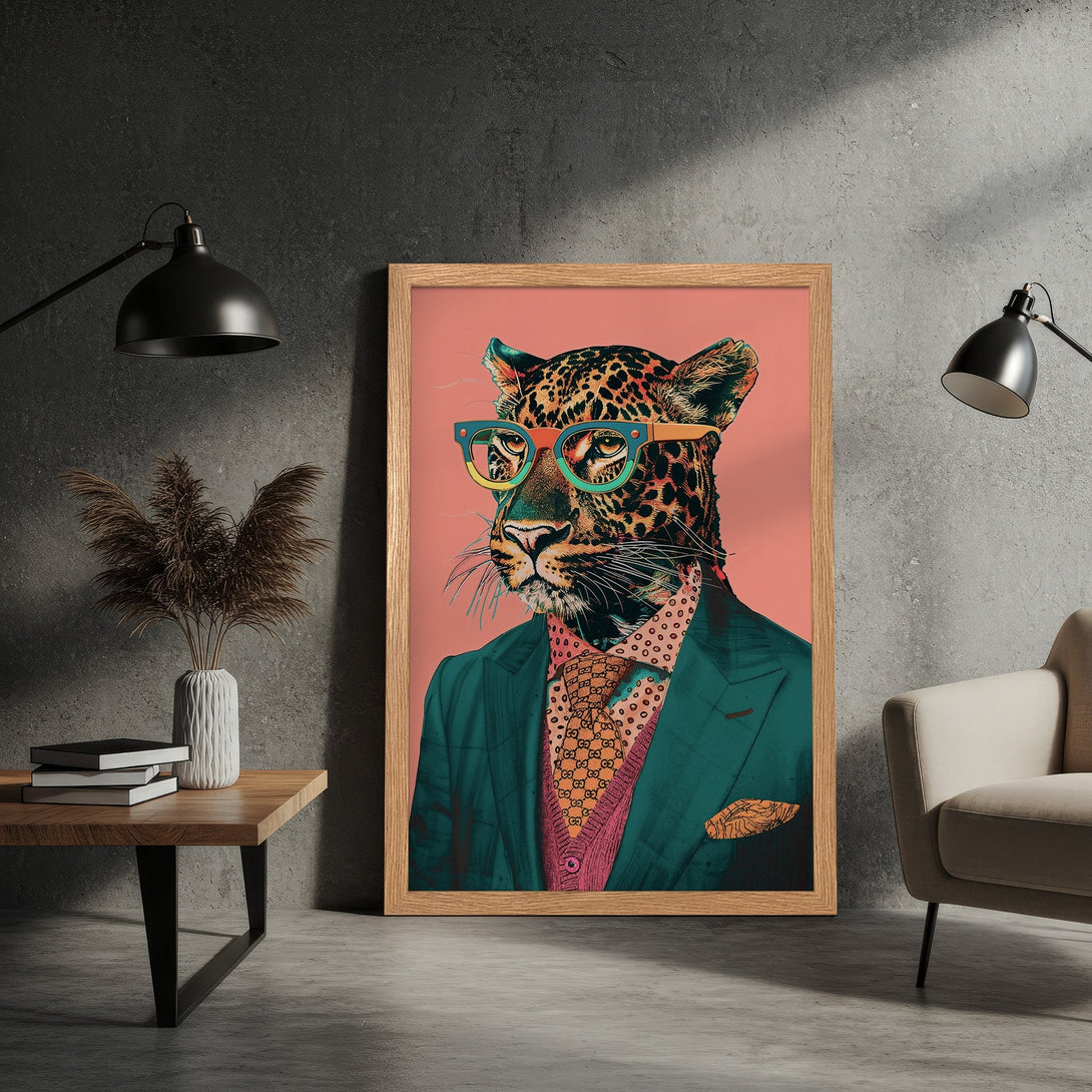 Framed Poster featuring a dapper leopard in a suit, vibrant pop art style, with a teal, pink, and gold color palette. Perfect wall art!