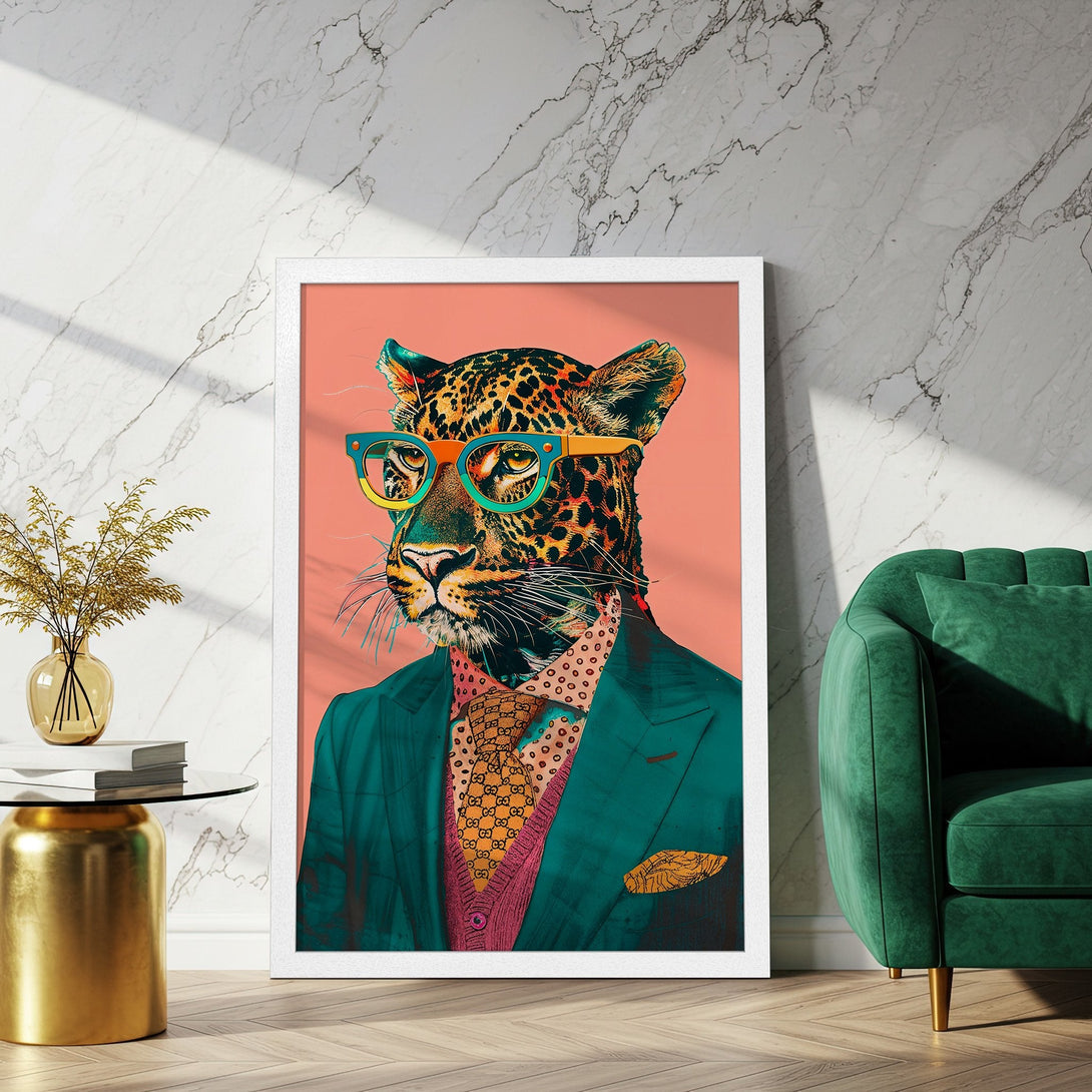Framed Poster featuring a stylish leopard in glasses. Pop art style with teal, coral, and gold color palette. Add a touch of wild style to your space!