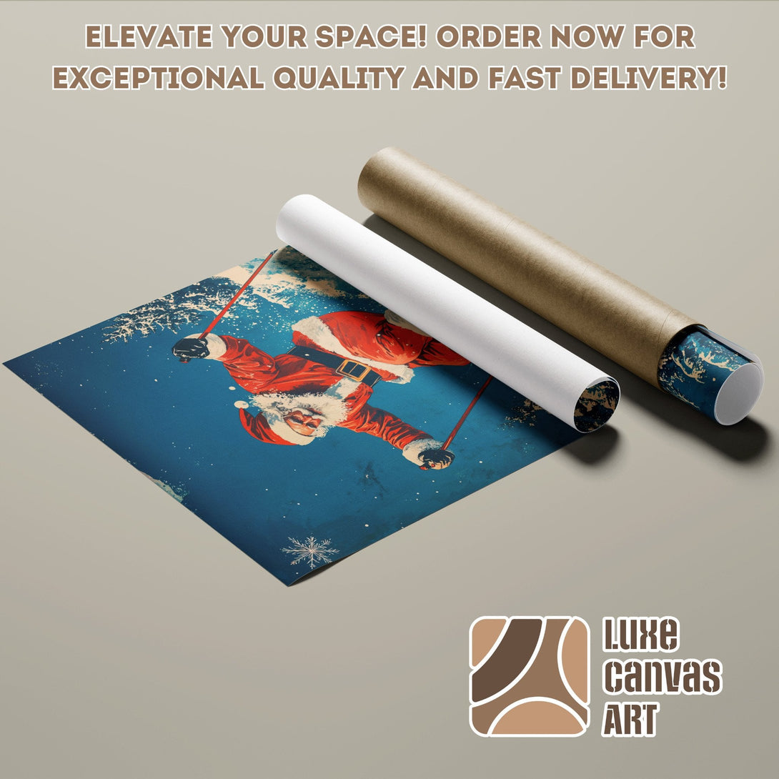 Santa skiing poster roll, vintage style, blue & red color palette. Order your art today!