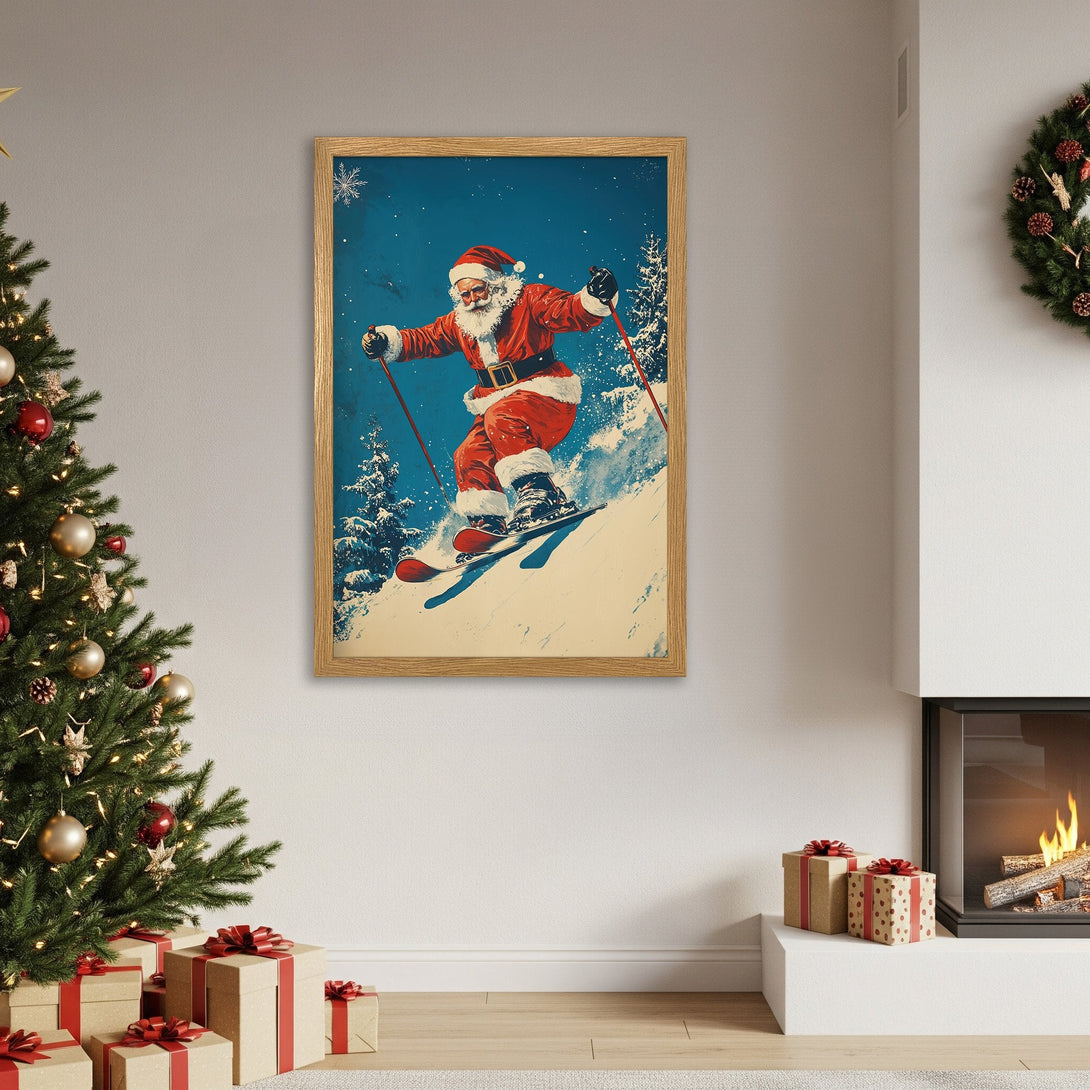 Framed Poster featuring Santa skiing, vintage style, red & blue color palette. Perfect Christmas decor!