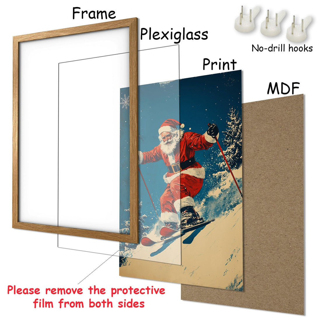 Framed Poster featuring Santa skiing, vintage style, with a red, blue, and white color palette. Perfect Christmas decor!