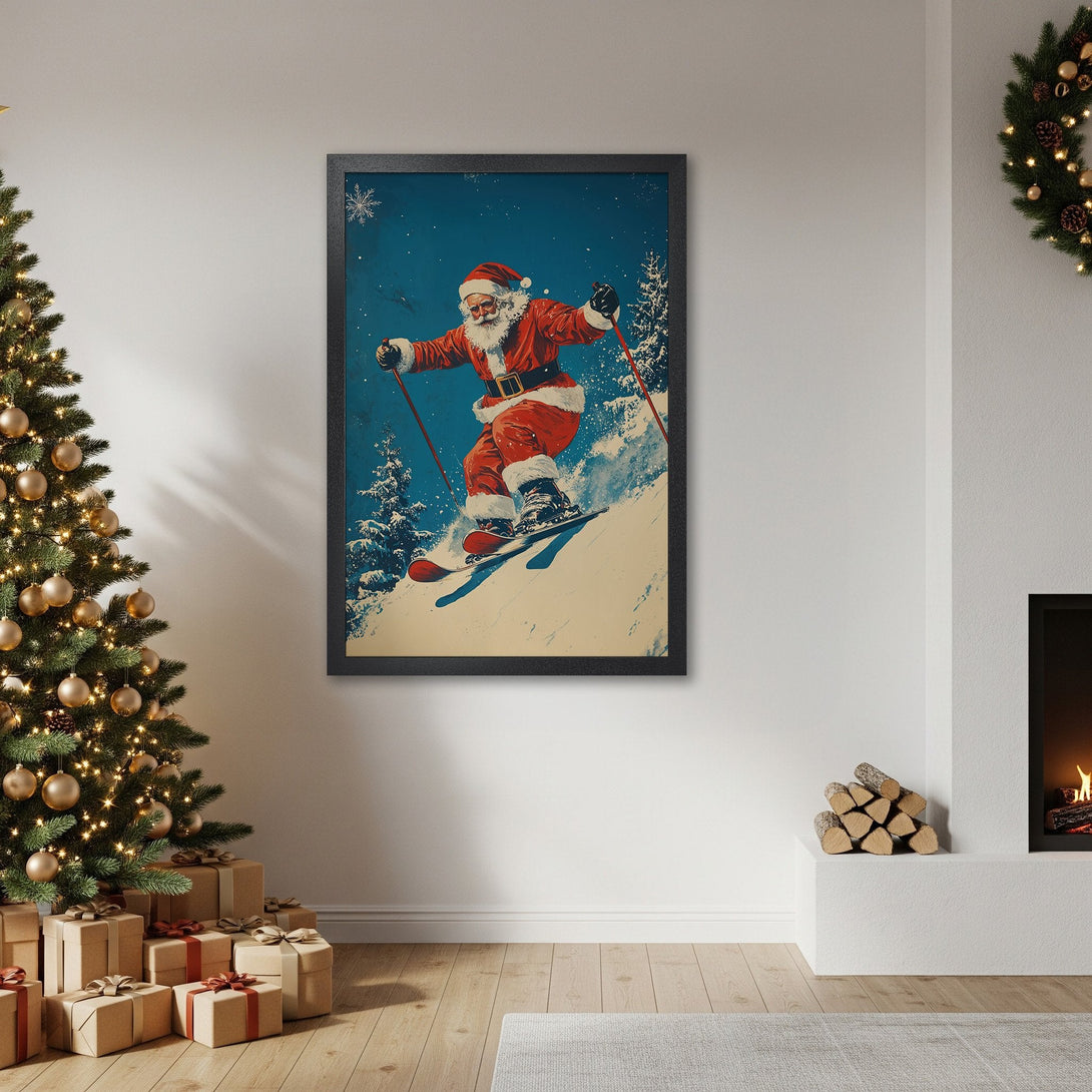 Framed Poster featuring Santa skiing, vintage style, red and blue color palette, perfect for Christmas decor.