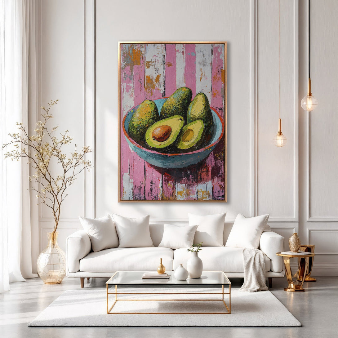 Framed Wall Art: Vibrant avocado still life painting in a modern living room. Featuring a pink, green, and gold color palette, perfect for adding a pop of color.