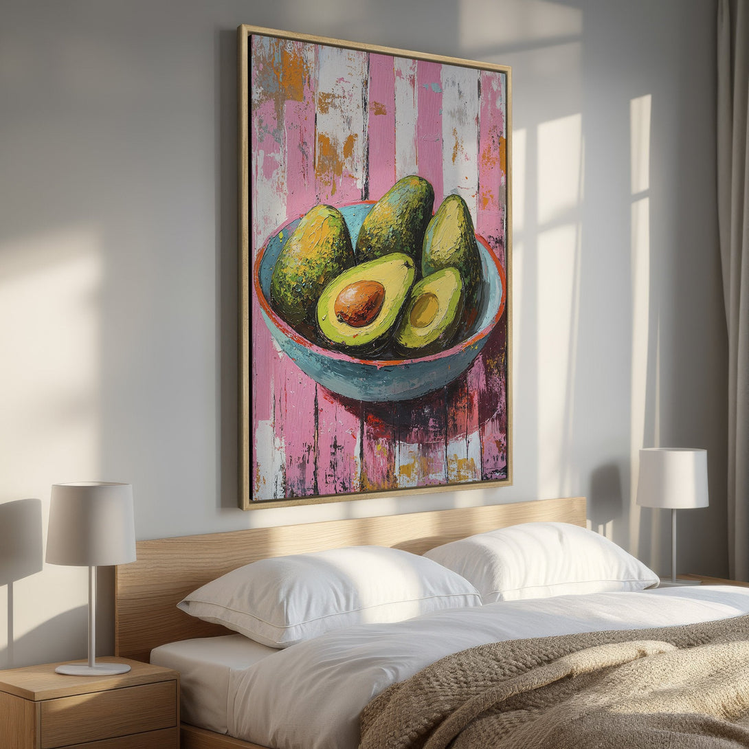 Framed Wall Art: Vibrant avocado still life painting in a bedroom. Modern, textured style with pink, green, and blue color palette. Perfect bedroom decor!