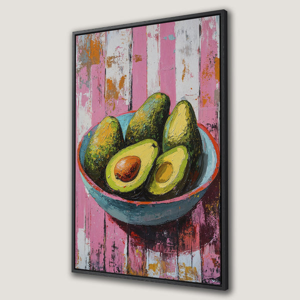 Framed Wall Art: Vibrant avocado still life painting with a pink and green color palette, perfect for kitchen or dining room decor.