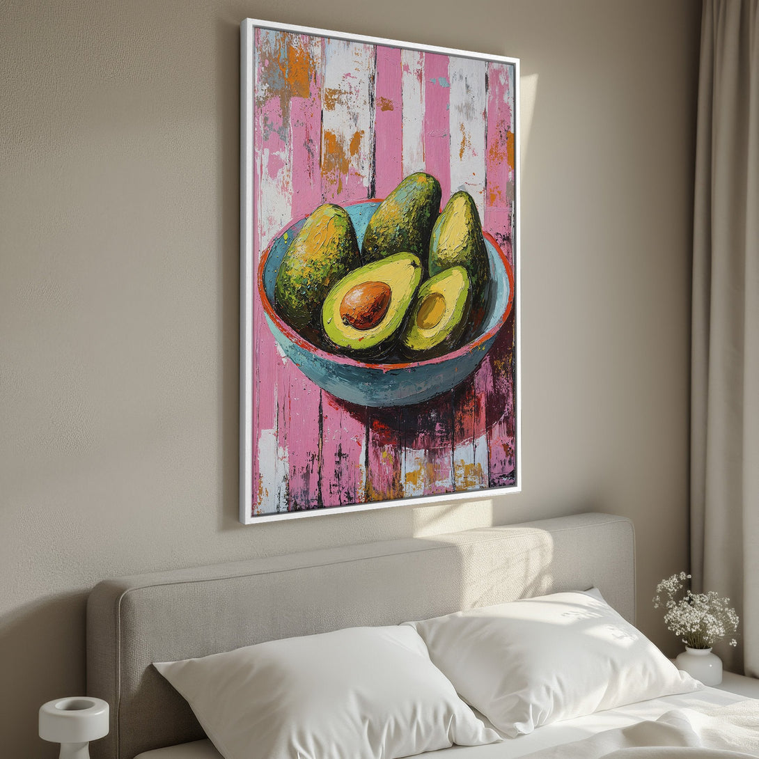 Framed Wall Art: Vibrant avocado still life painting with pink & green color palette. Modern art canvas print perfect for kitchen or dining room decor.
