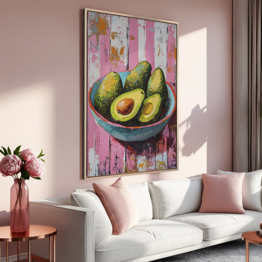 Framed Wall Art: Vibrant avocado painting with pink, green, and blue hues. Modern abstract style, perfect for kitchen or living room decor.