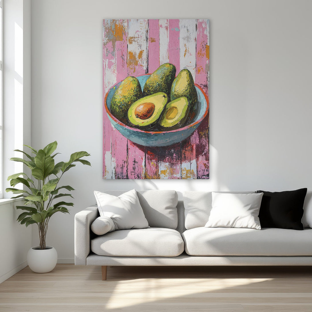 Framed Wall Art: Abstract avocado painting in a modern style with pink, green, and blue hues. Perfect for kitchen or dining room decor.