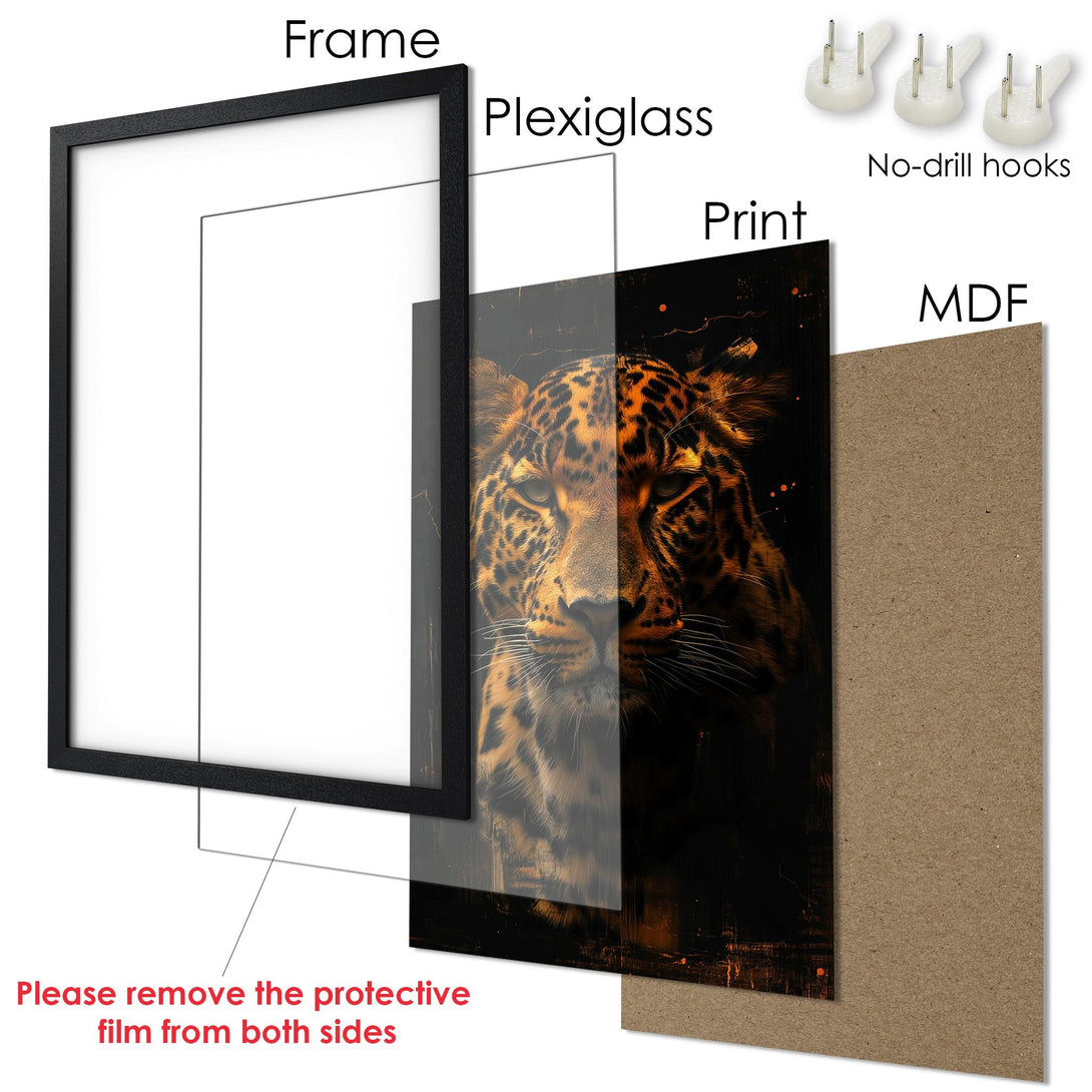 Framed Poster featuring a majestic leopard, artistic style, warm orange & black palette. Add a touch of wild to your space!