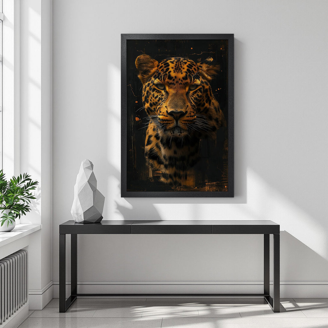 Framed Poster of a leopard in a modern style, featuring a black and gold color palette. Perfect wall art for any room!