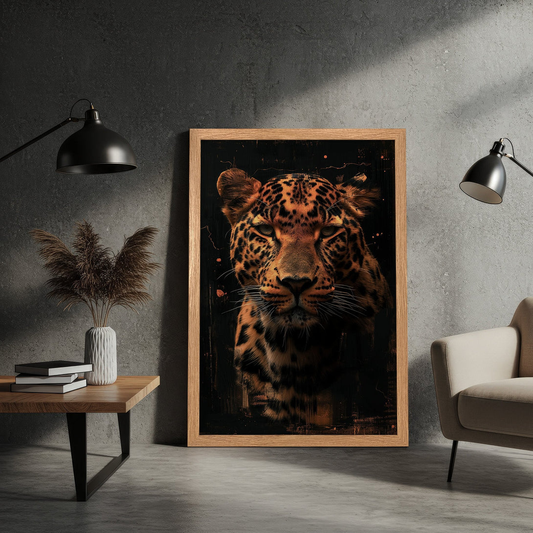 Framed Poster featuring a majestic leopard in a dark, artistic style with a warm, earthy color palette. Perfect wall art!