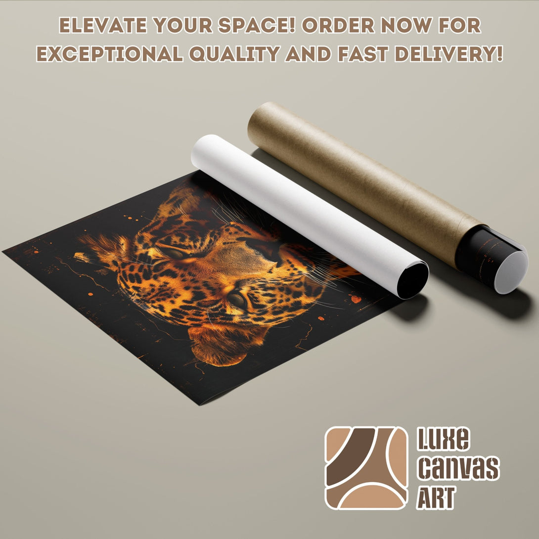 Poster Roll featuring a striking leopard art print in warm orange and black tones. Elevate your space with this unique art!