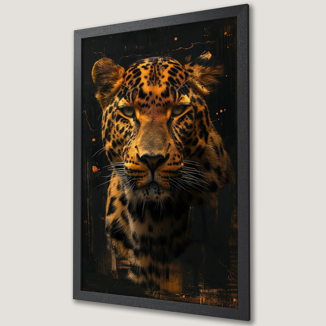Framed Poster of a majestic leopard, artfully rendered in a dramatic style with a black and gold color palette. Elevate your space!