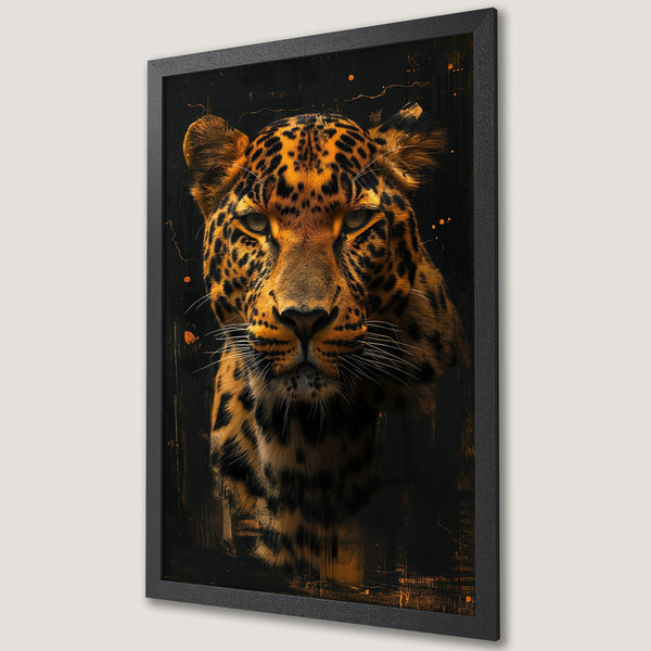 Framed Poster of a majestic leopard, artfully rendered in a dramatic style with a black and gold color palette. Elevate your space!
