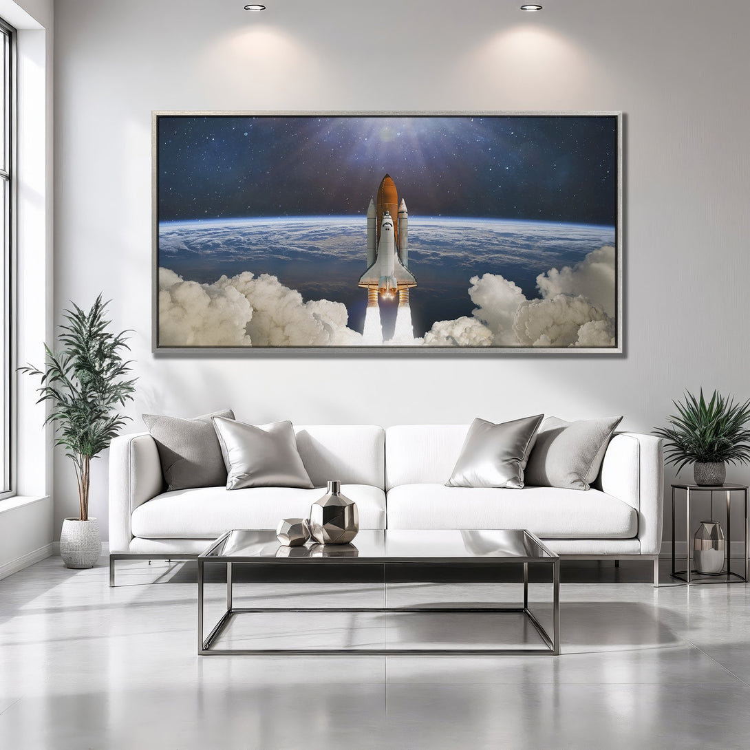 Framed Wall Art: Space shuttle launch canvas print in a modern interior. Blue, orange, and white color palette. Perfect for space enthusiasts!