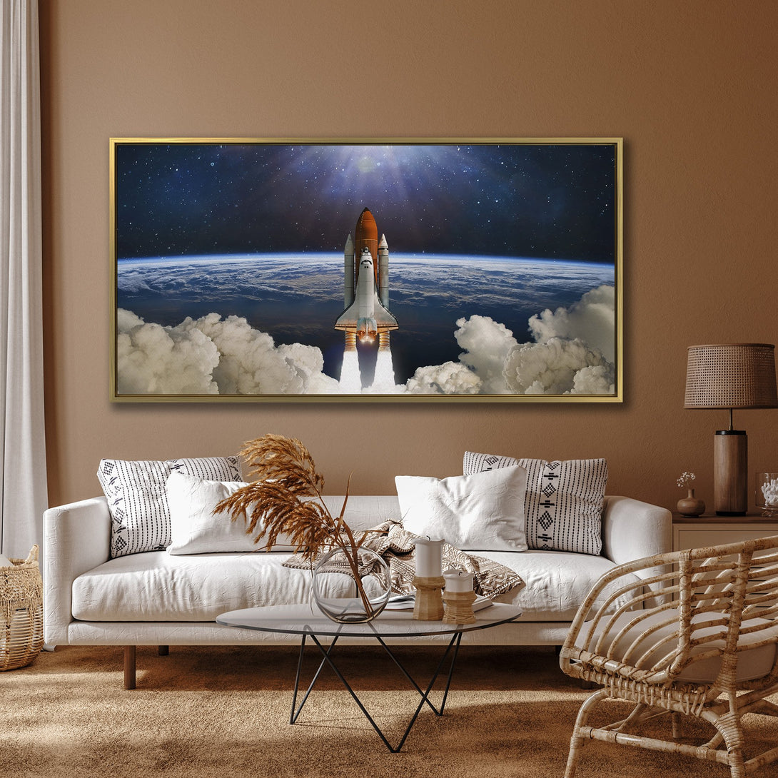 Canvas Print of a space shuttle launching into space, with a blue, orange, and white color palette. Perfect wall art for any room!