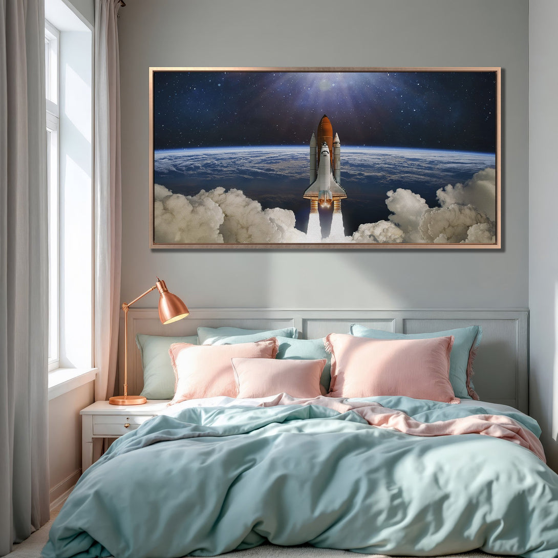 Framed Wall Art: Space shuttle Canvas Print in a bedroom. Features a vibrant space scene with blue, orange, and white hues. Modern decor for your home.